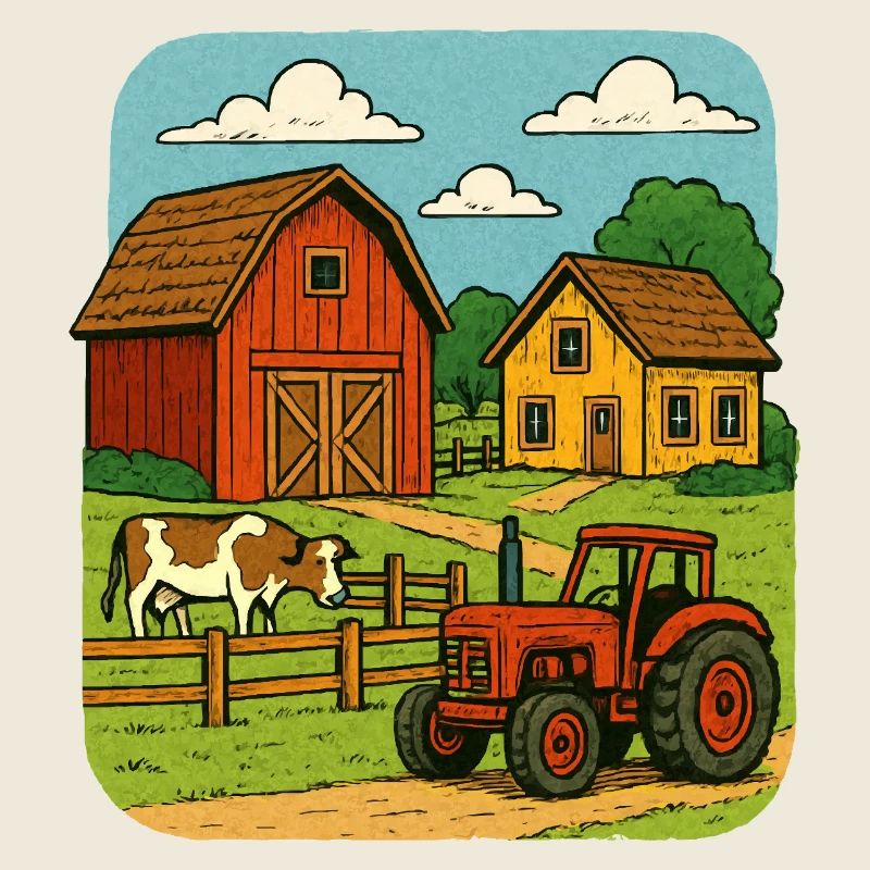 Ferme rurale avec tracteur rouge