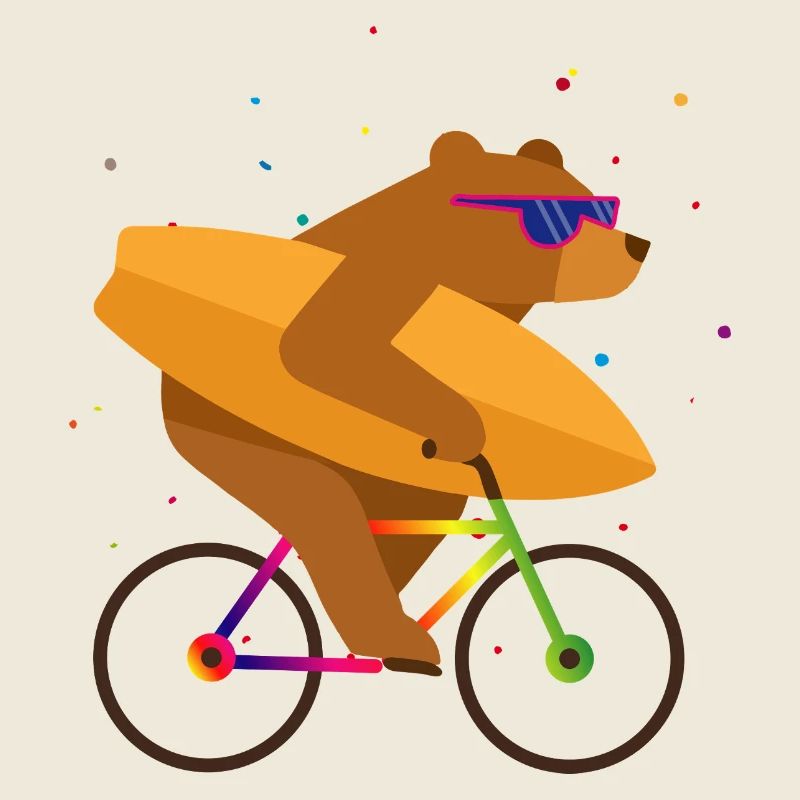 Bear on bicycle with surfboard and sunglasses
