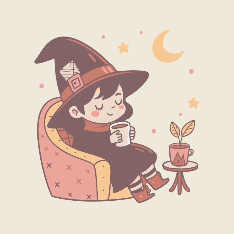 Cute Cozy Little Witch Drinking Her Tea