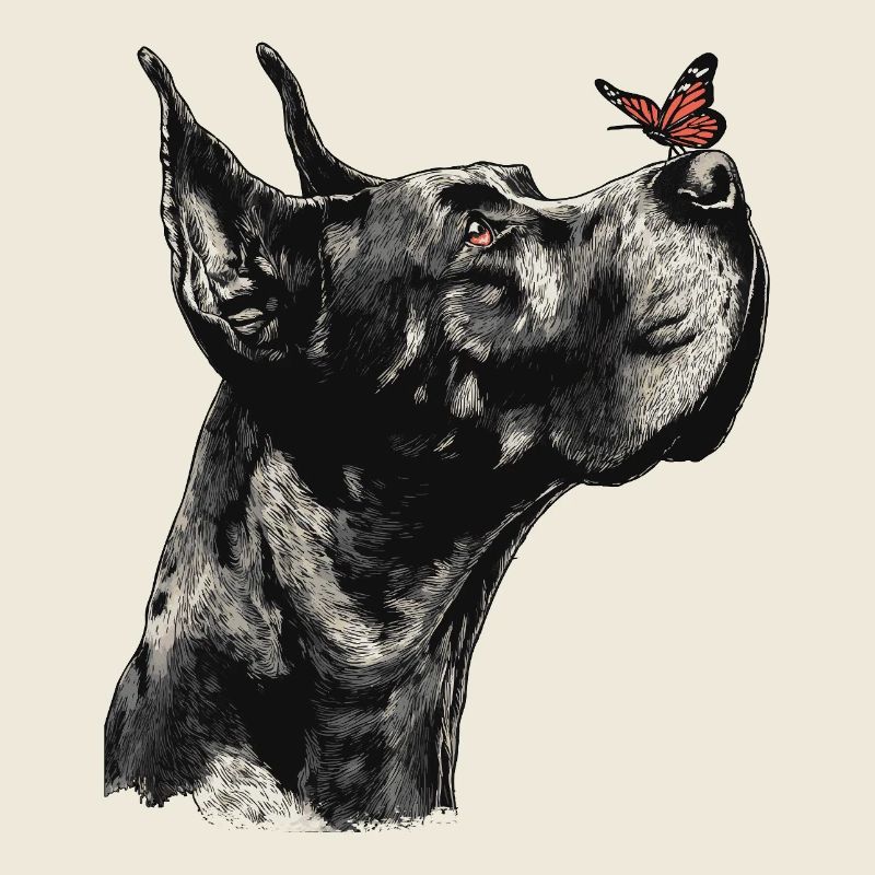 Dogge mit rotem Schmetterling