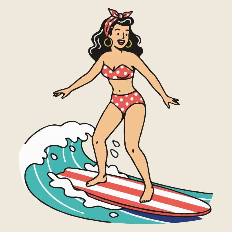 Pin-up sur une planche de surf