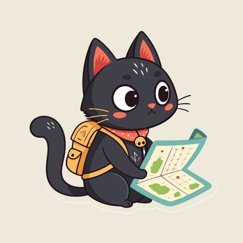Adventurous Traveler Cat Reading a Card