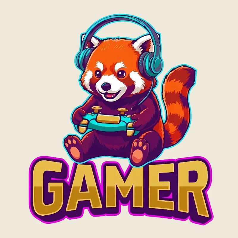 Red Panda Gamer mit Kopfhörern