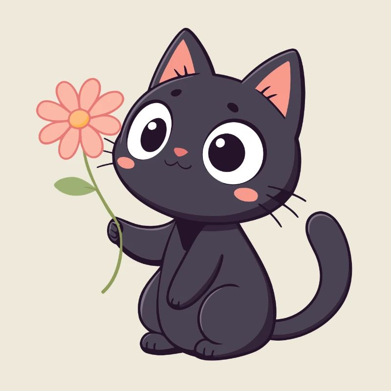 Chat noir kawaii avec fleur