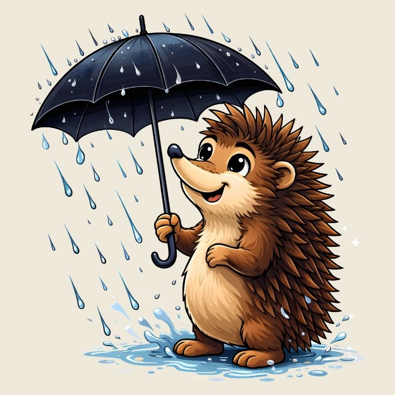 Cheerful hedgehog with umbrella in the rain