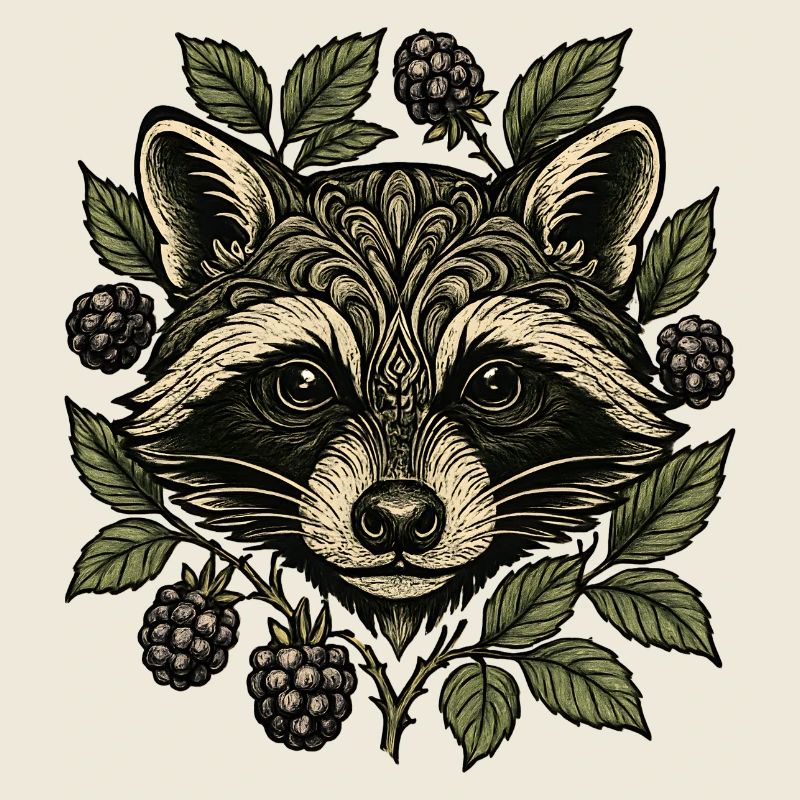 Visage de raton laveur avec feuilles de baies