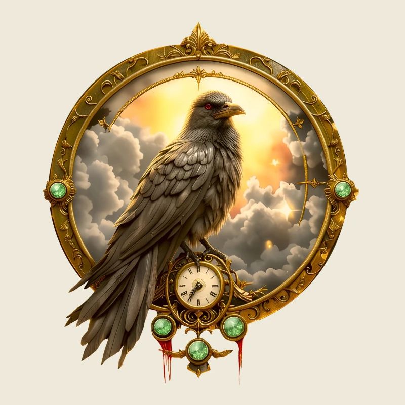 Raven in golden clock frame