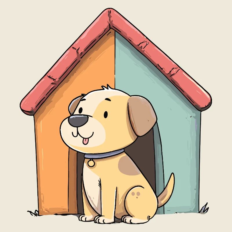 Kuschelhund vor buntem Haus