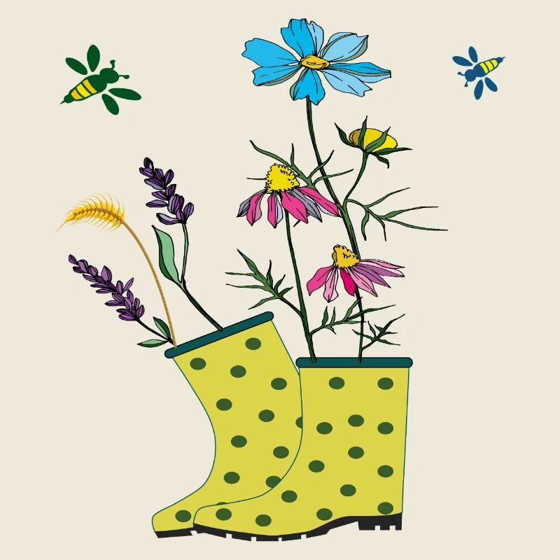 Bottes de jardin avec des fleurs et des herbes