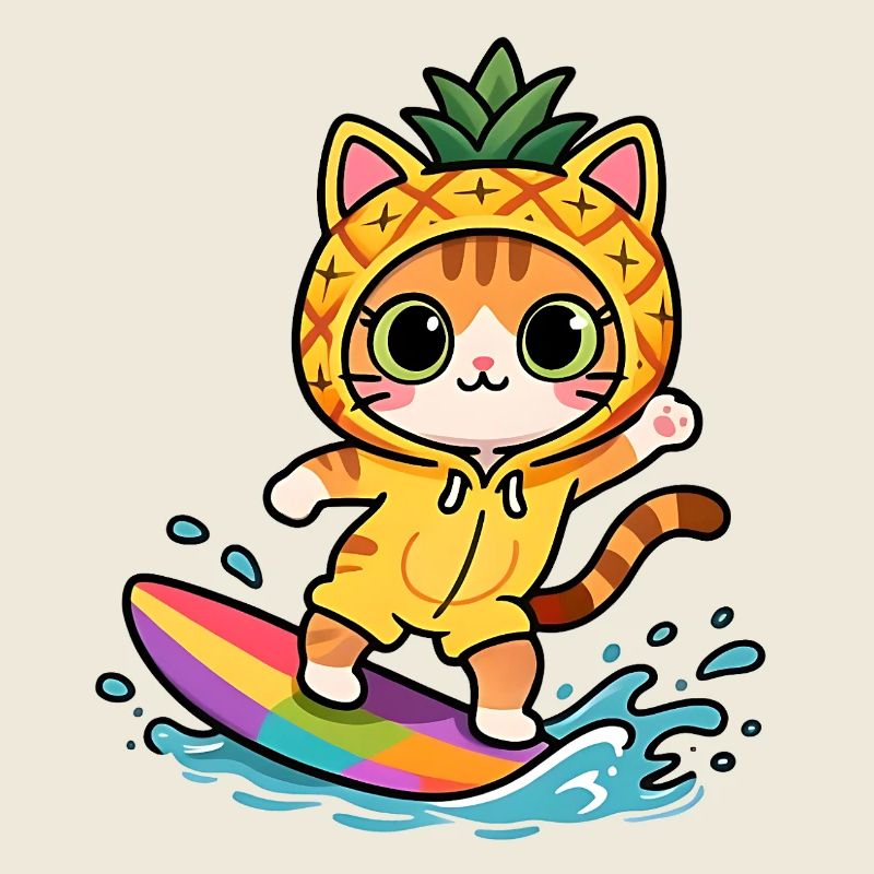 Chat surfeur en costume ananas