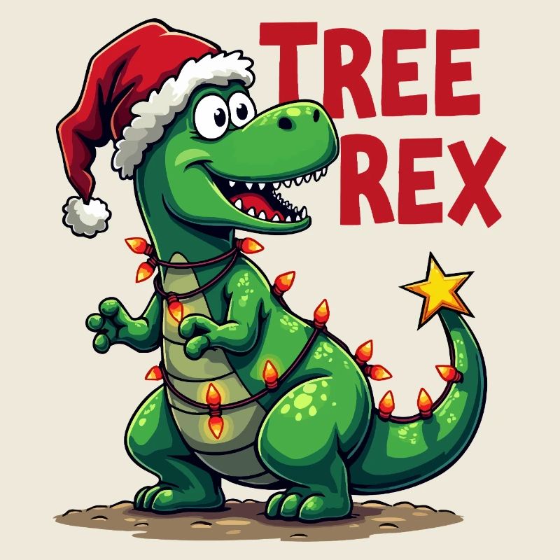Dino de Noël – Drôle de T-Rex avec sapin de Noël