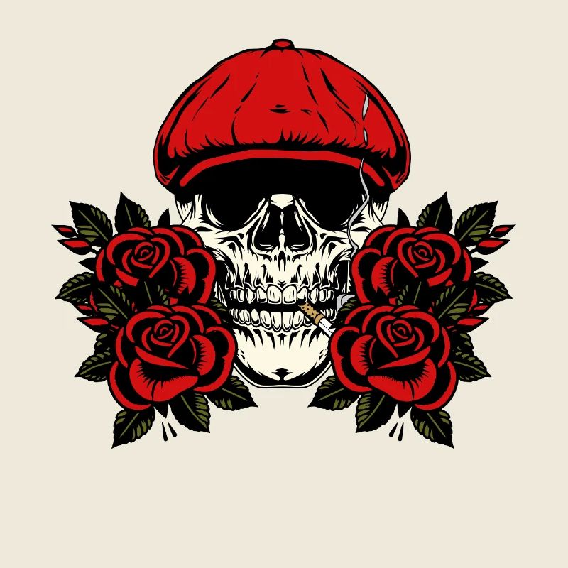 Crâne avec chapeau champignon rouge et roses
