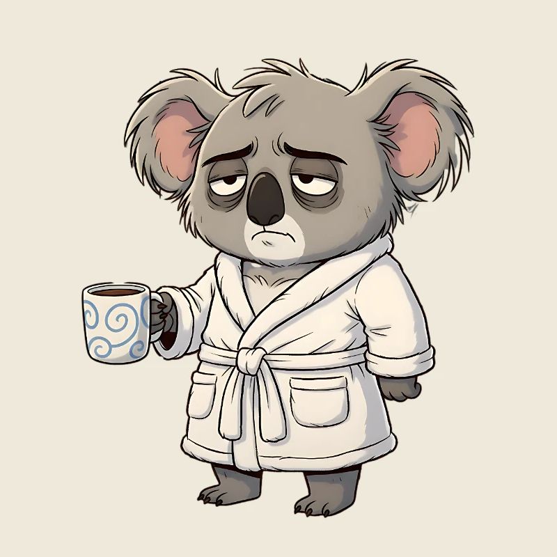 Koala fatigué en peignoir avec dessin animé café