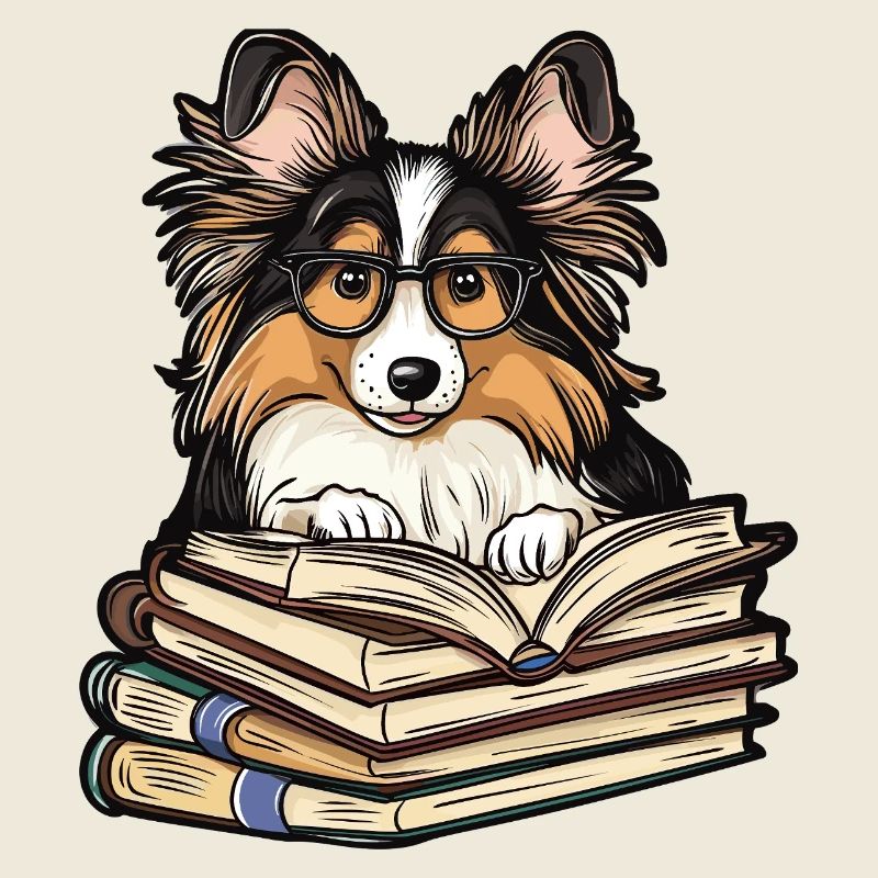 Mignon livre de lecture de chien Sheltie avec des lunettes