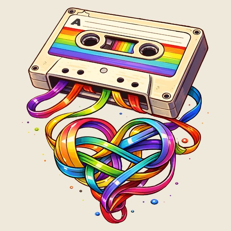 Retro Kassette mit Regenbogen Herzband