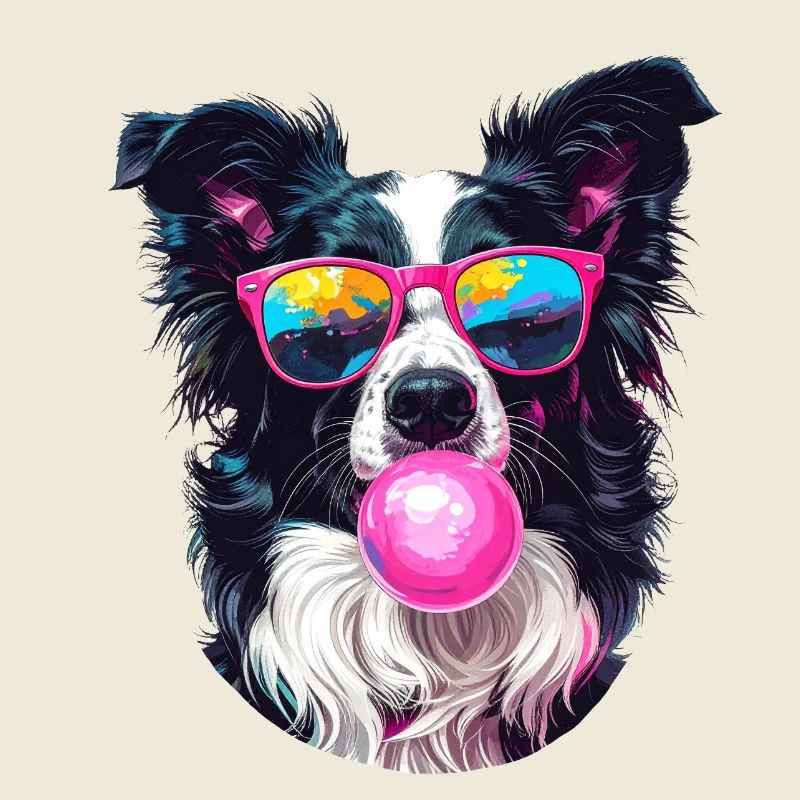 Border Collie mit Sonnenbrille und Bubblegum