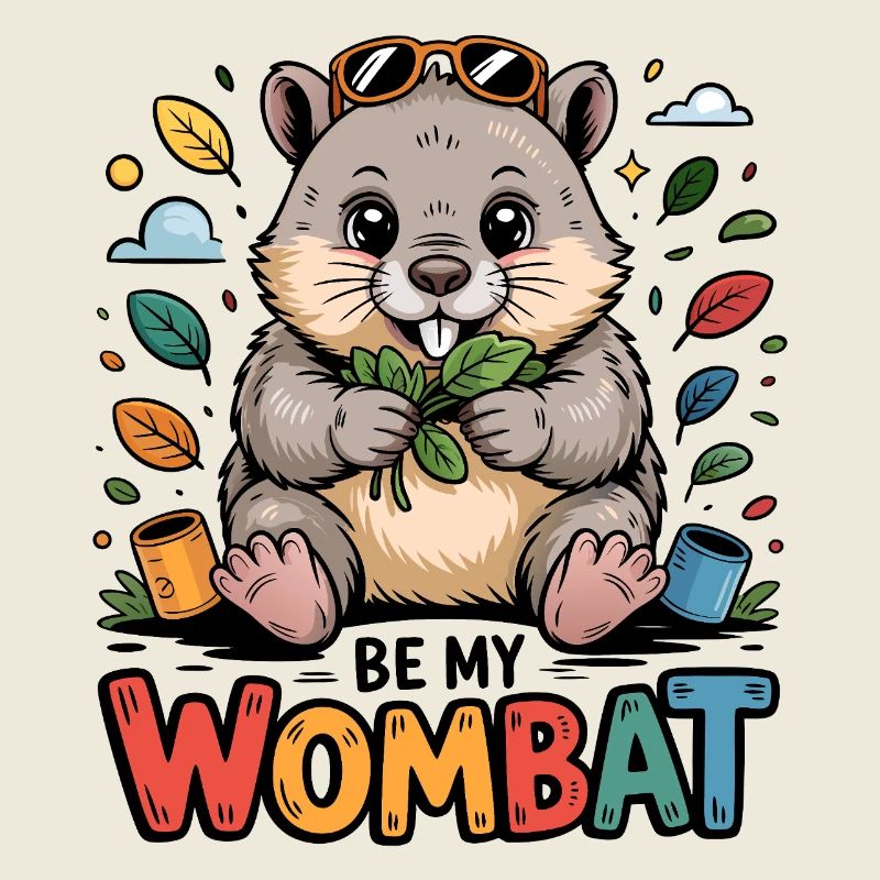 Wombat avec feuilles vertes et lunettes
