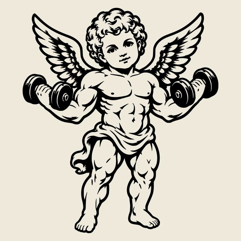 Strong cherub exercising with dumbbells
