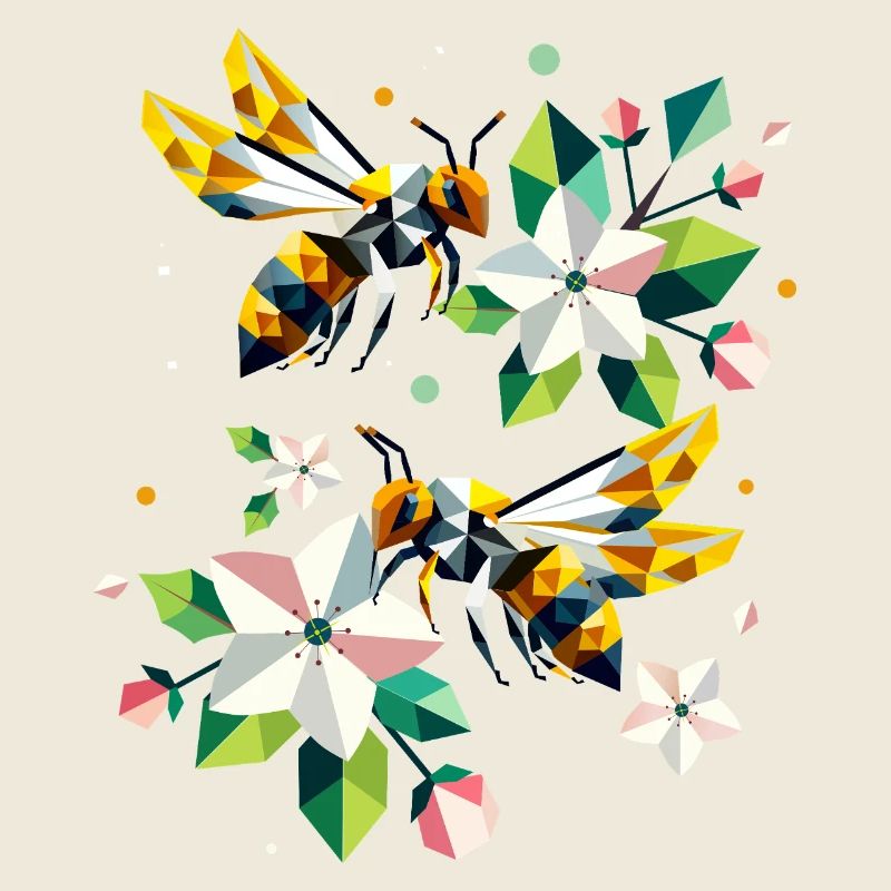 Bees and apple blossoms in harmonious colours