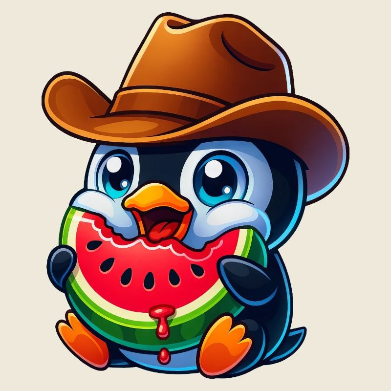 Cool Penguin with Melon Cowboy Hat Cartoon