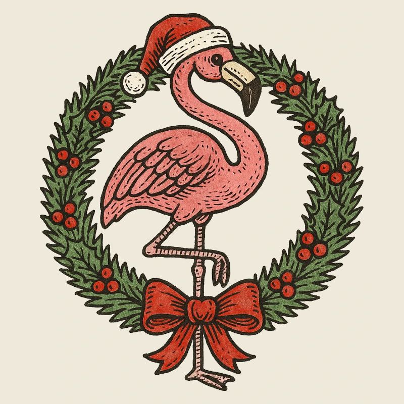 Festlicher Flamingo mit Weihnachtskranz