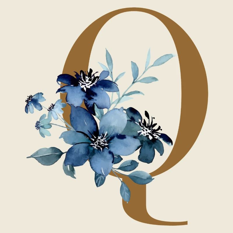 Floral Q – Lettre dorée avec des fleurs