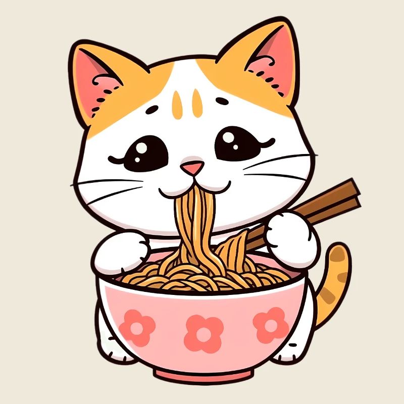 Le chat mange des nouilles ramen