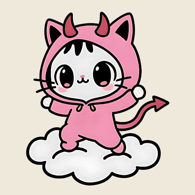 Kawaii Pink Dämon Katze auf einer Wolke