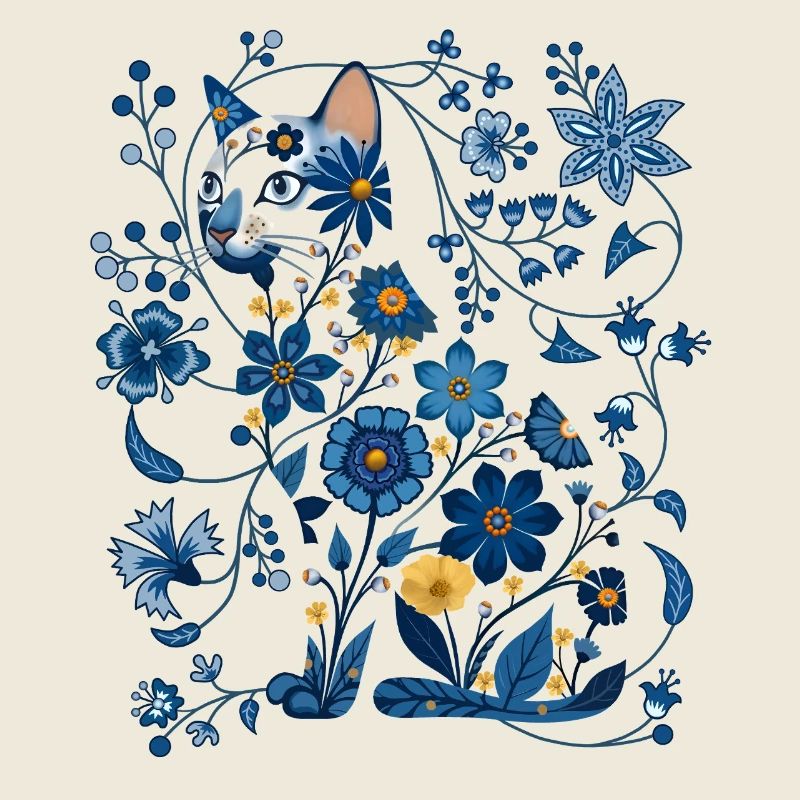 Azure Floral Cat Silhouette