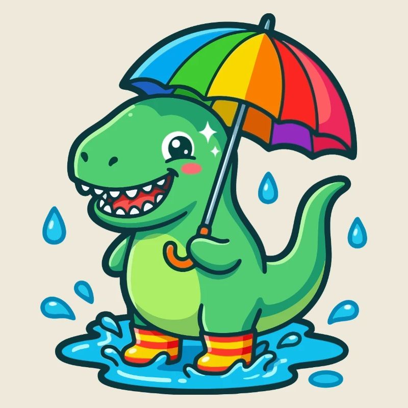 Dino with colorful rainbow umbrella