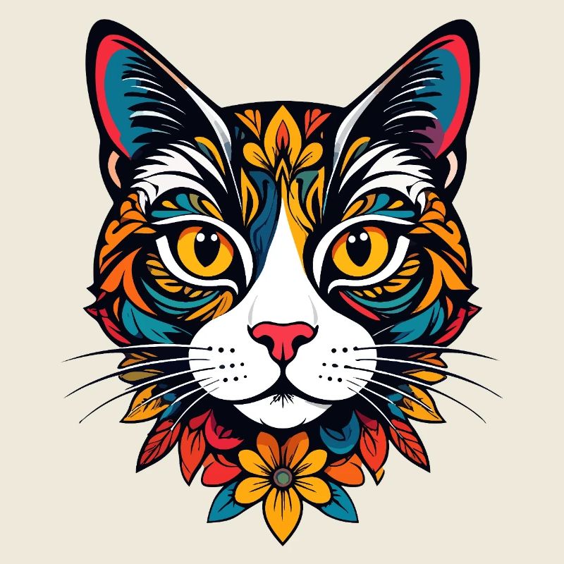 Colorful Cat Head with Floral Pattern Cat Motif