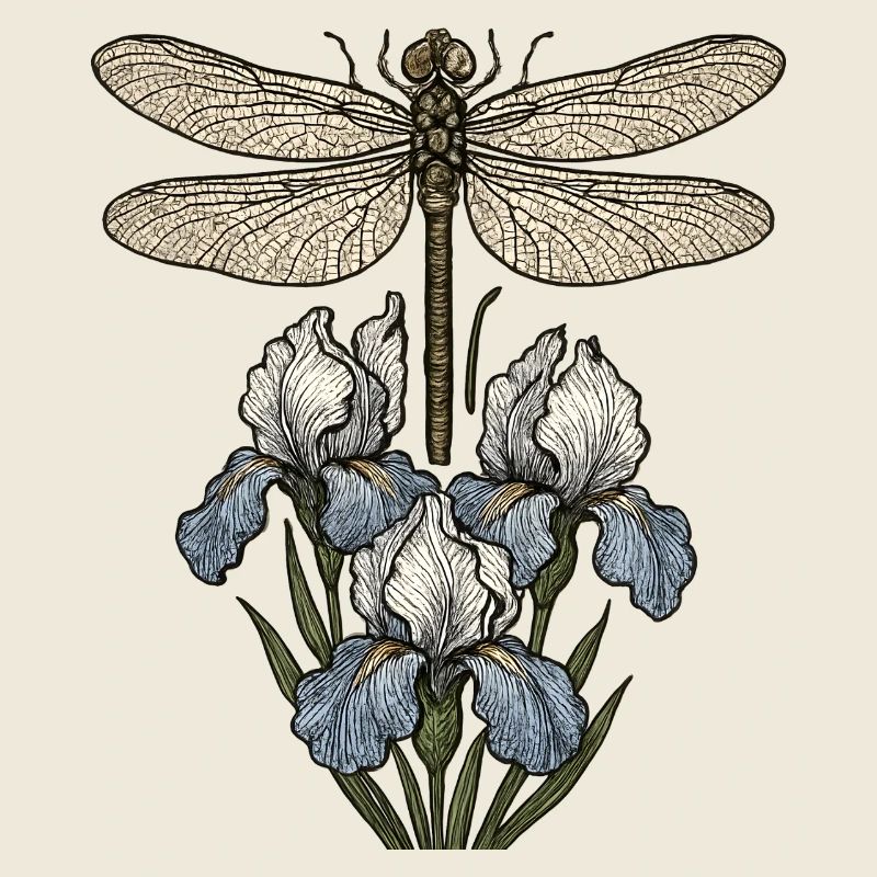 Libelle über Irisblüten