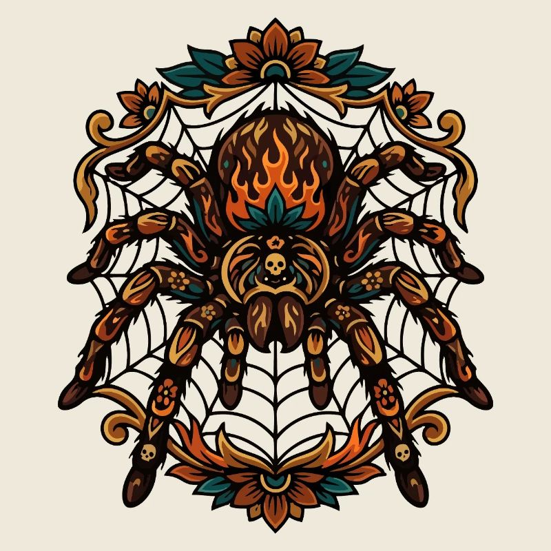 Tarantula Fire Flames Spider Web Pattern Motif