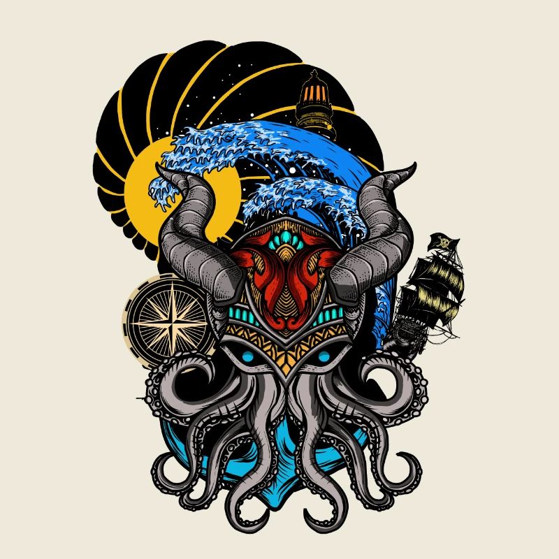 Lustiger Oktopus mit Hörnern und Boot