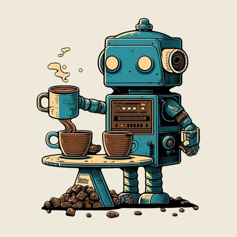 Tin robot makes coffee