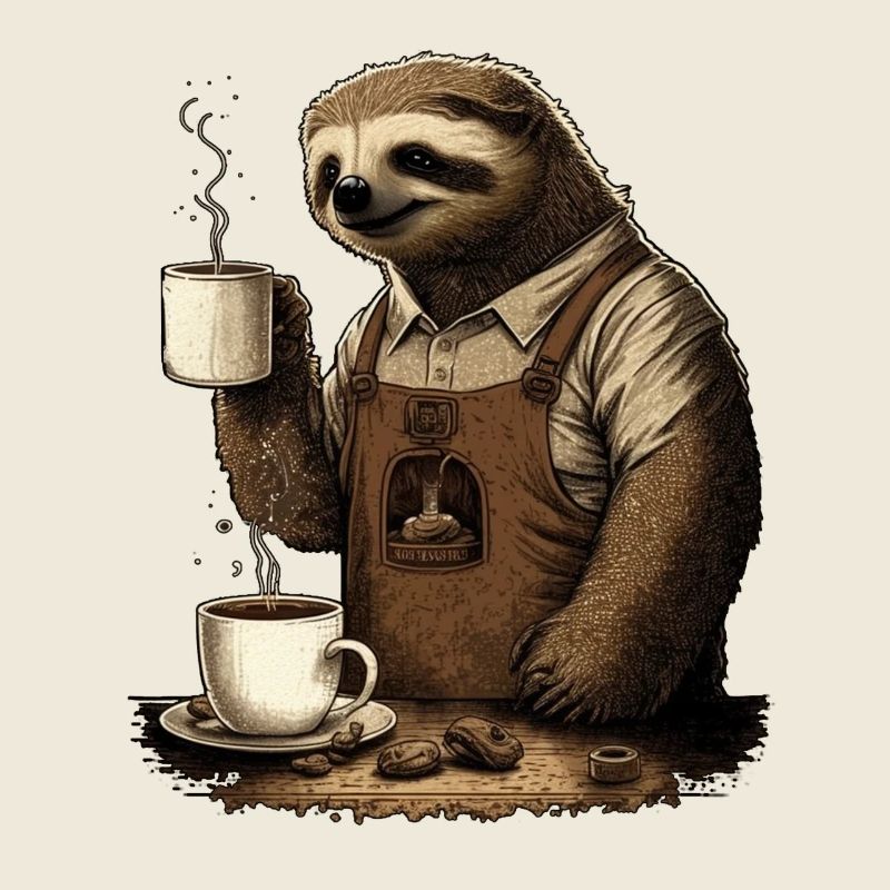 Sloth with apron and cups with fragrant coffee