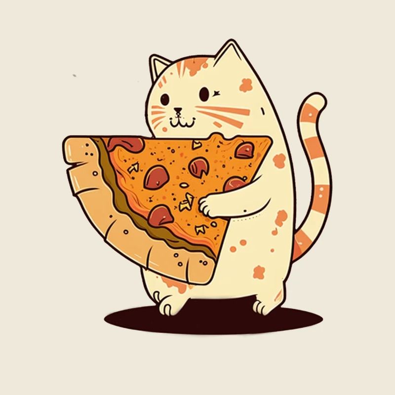 Le chat porte une tranche de pizza