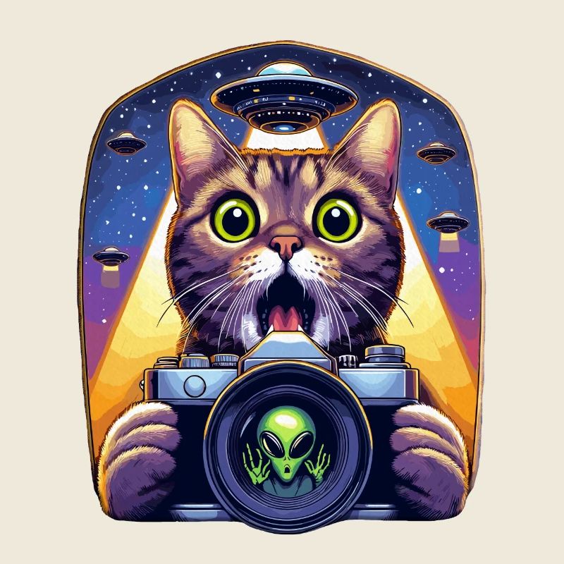 Lustige verängstigte Katze mit UFO-Alien-Angriff 3D-Effekt
