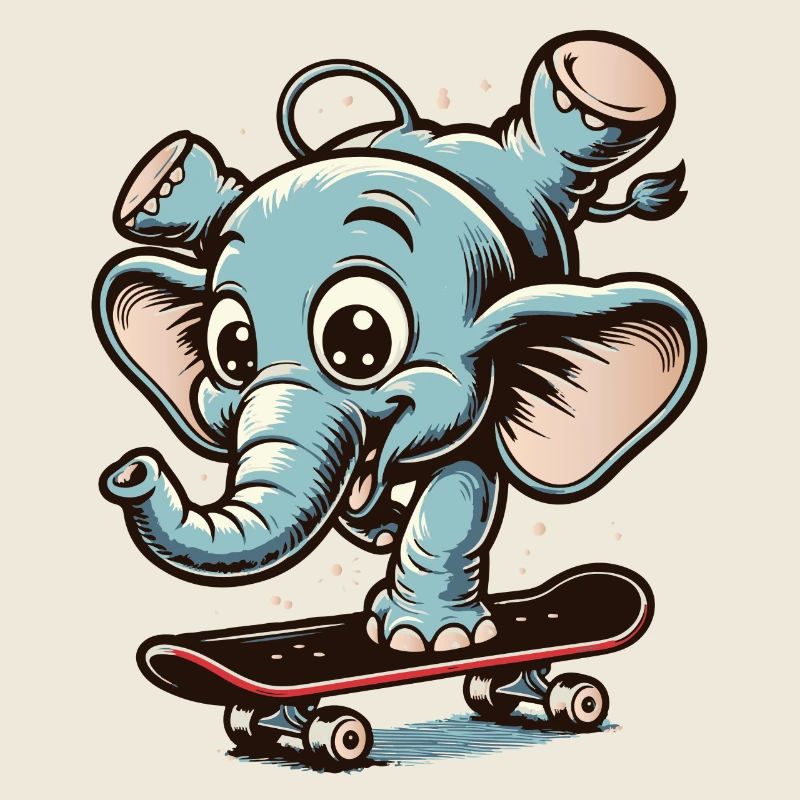 blauer Cartoon-Elefant auf dem Skateboard