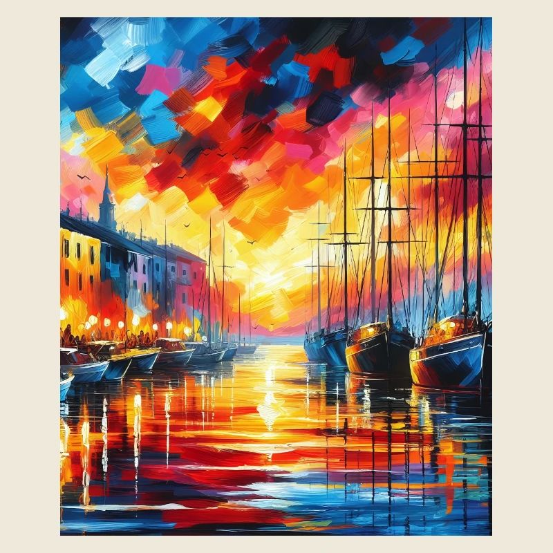 Lebendiger Hafensonnenuntergang mit Booten und Farben