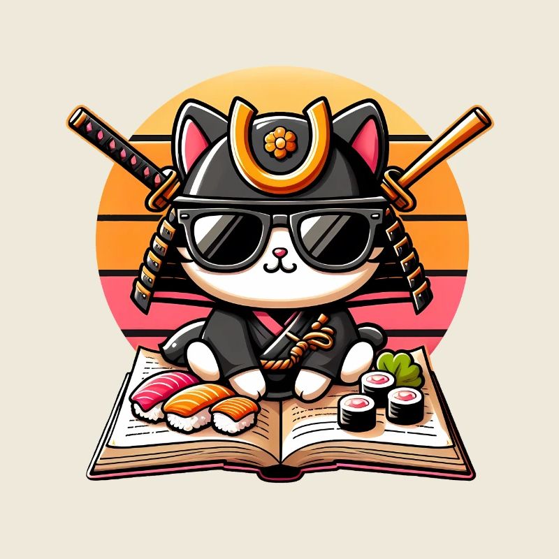Sushi Master Cat with Shades and Book Lover Sunset