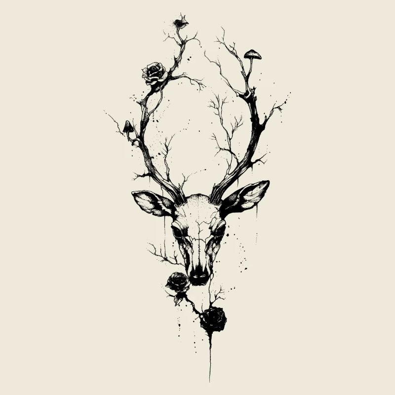Dark Fantasy Cerf Champignons Fleurs Gothique Nature