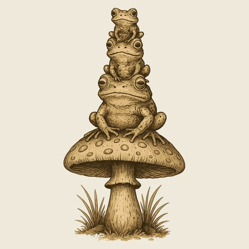 Totem de grenouille sur pile de champignons