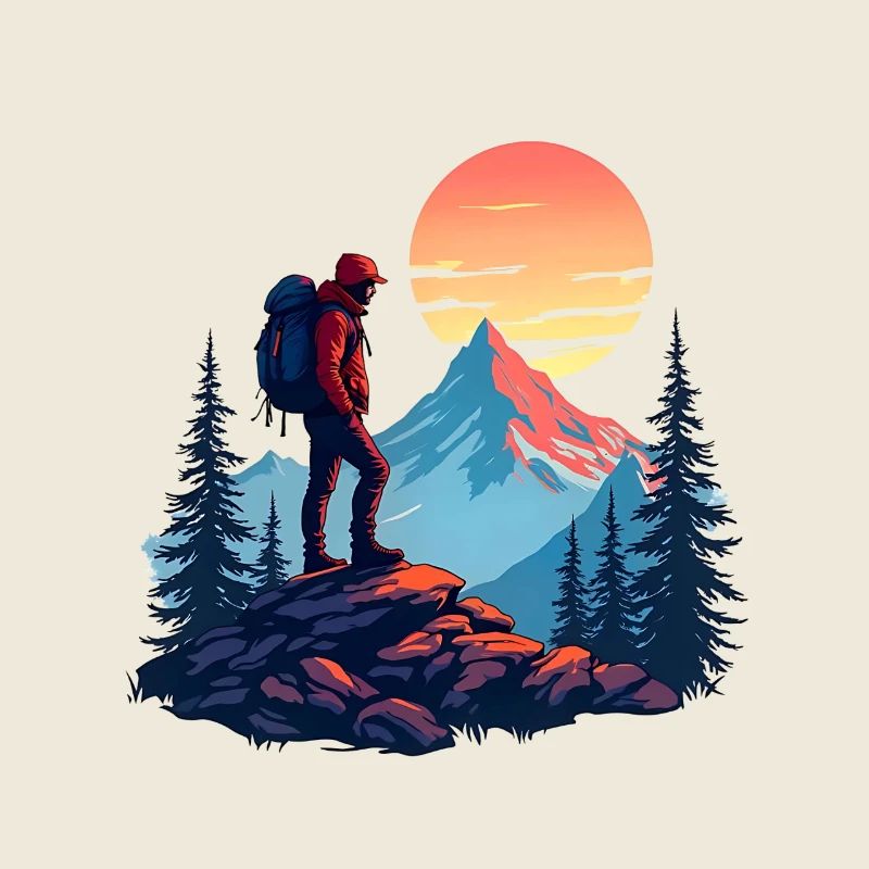 Randonneur Montagnes Coucher de soleil