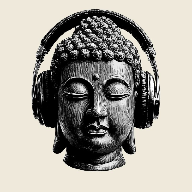 Bouddha avec casque Mindfulness Musique Boho Zen