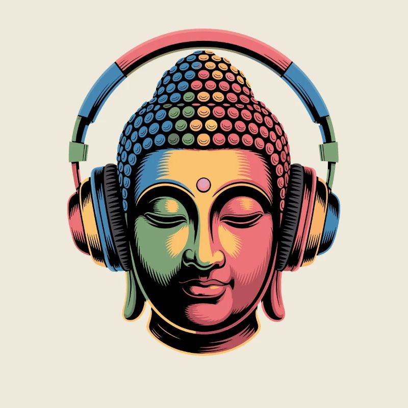 Bouddha avec casque Mindfulness Musique Boho Zen