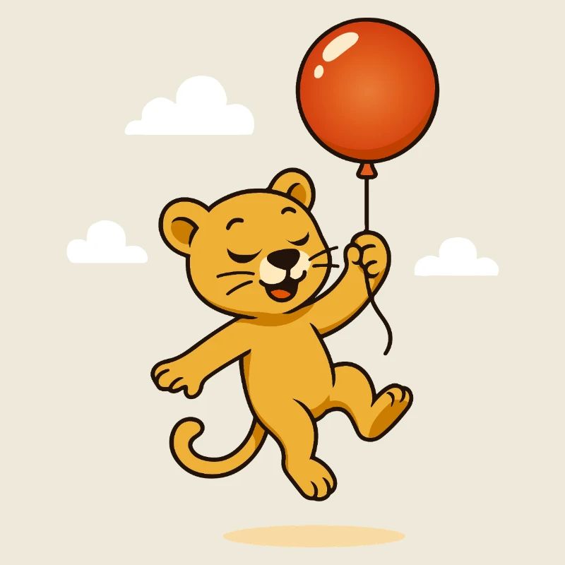 Fröhlicher Löwe mit Ballon schwebt durch die Lüfte