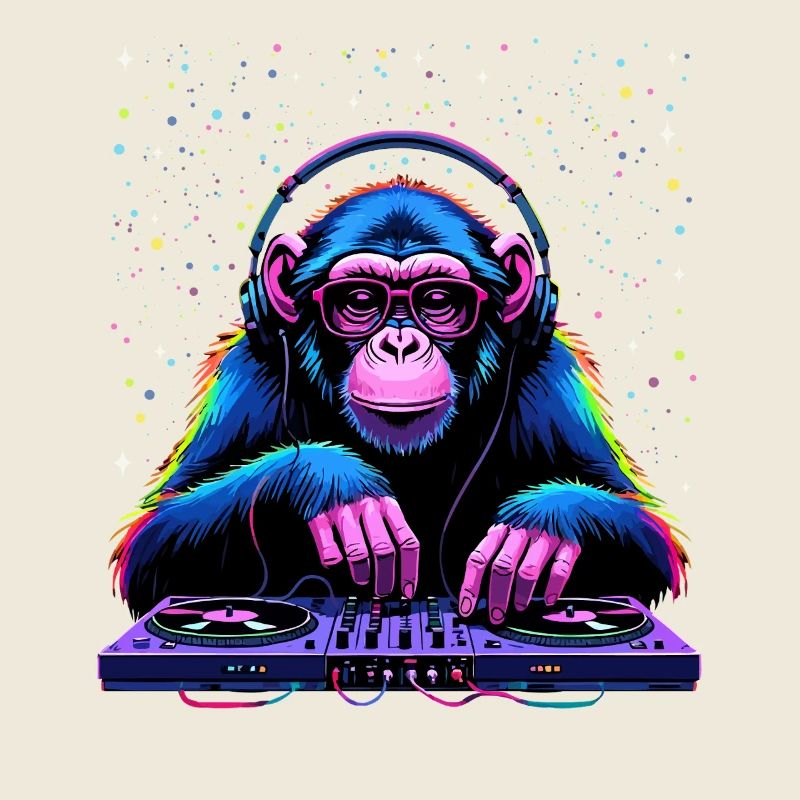 Singe DJ coloré avec des écouteurs et des lunettes