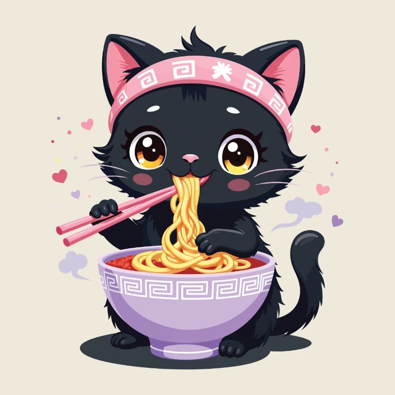 Black cat enjoying Japanese ramen