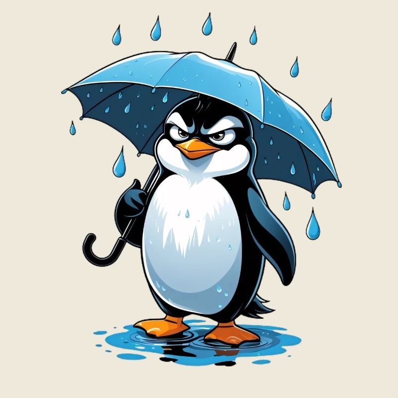 Streuernder Pinguin mit Regenschirm